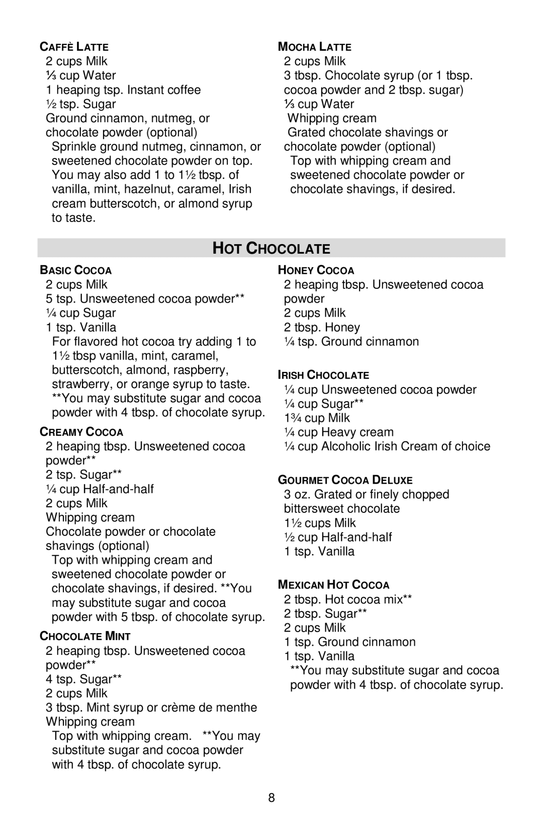 West Bend Back to Basics Cocoa~Latte instruction manual HOT Chocolate 