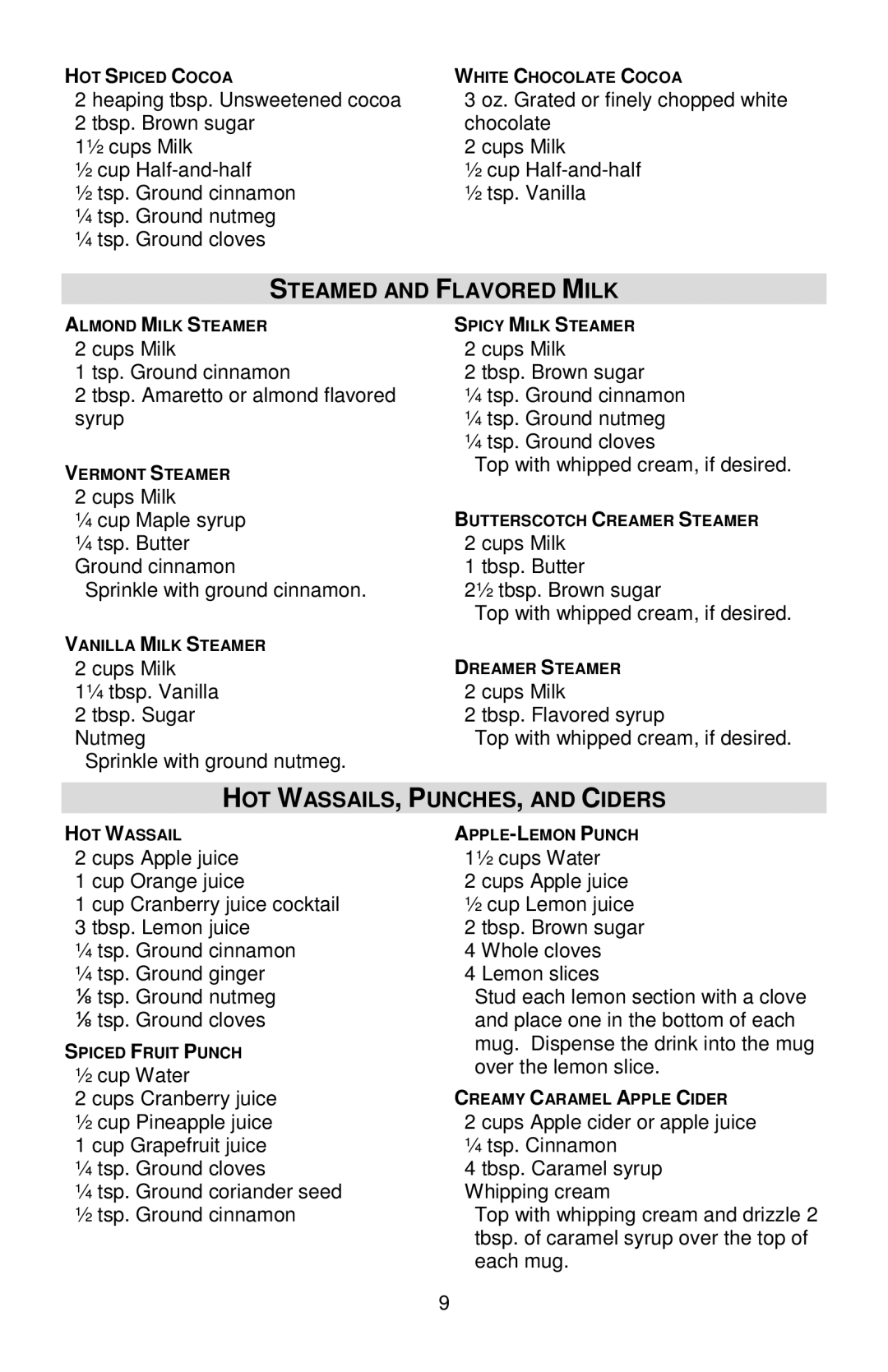 West Bend Back to Basics Cocoa~Latte instruction manual Steamed and Flavored Milk, HOT WASSAILS, PUNCHES, and Ciders 