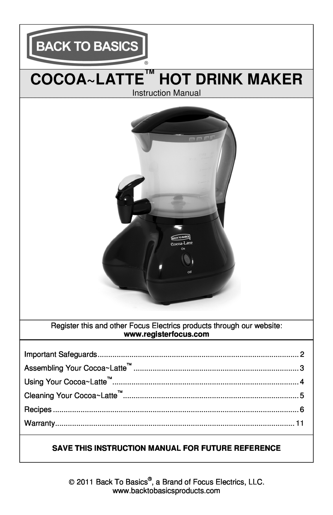 West Bend Back to Basics instruction manual Cocoa~Latte Hot Drink Maker, Instruction Manual 