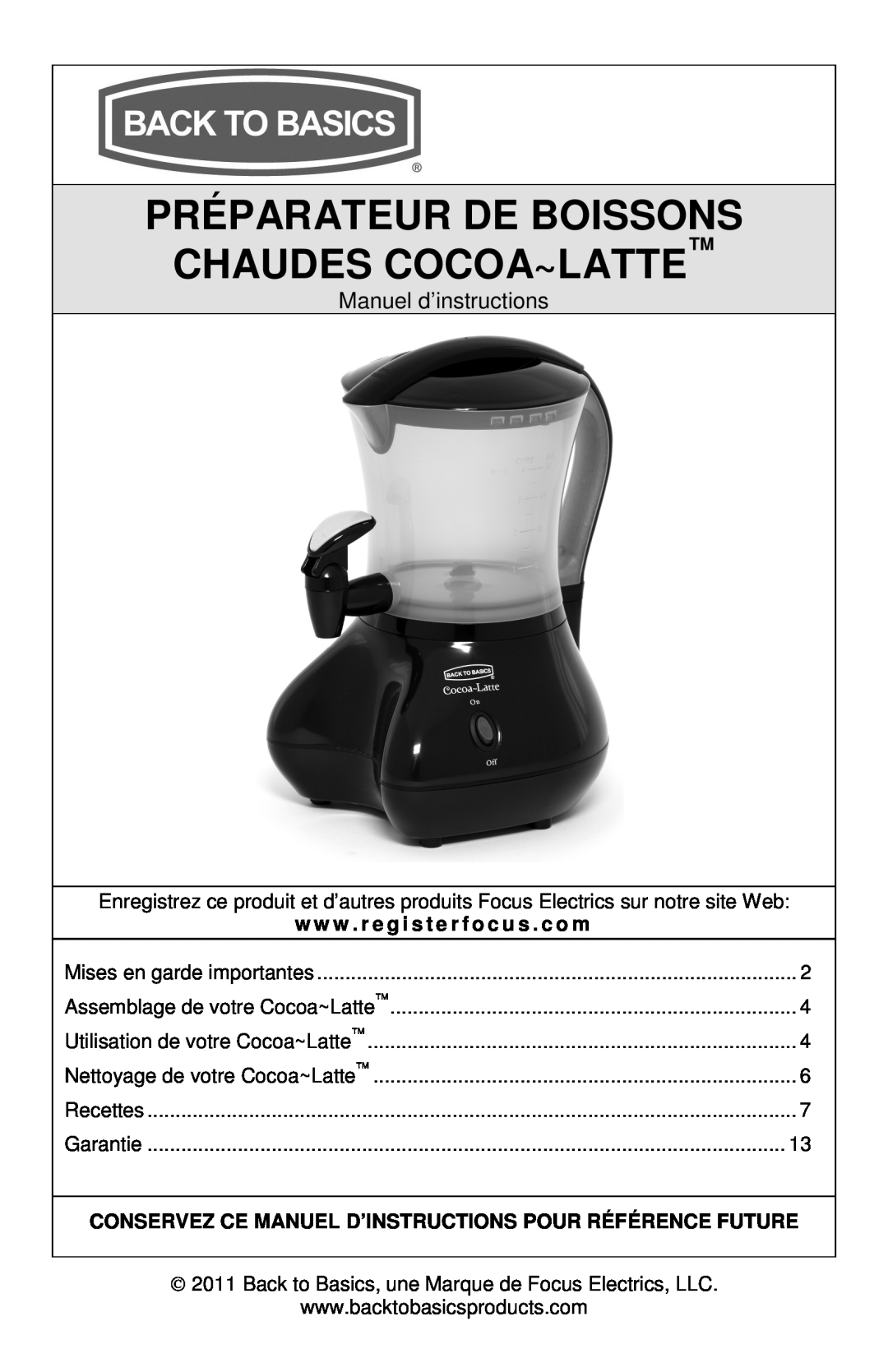 West Bend Back to Basics instruction manual Préparateur De Boissons Chaudes Cocoa~Latte, Manuel d’instructions 