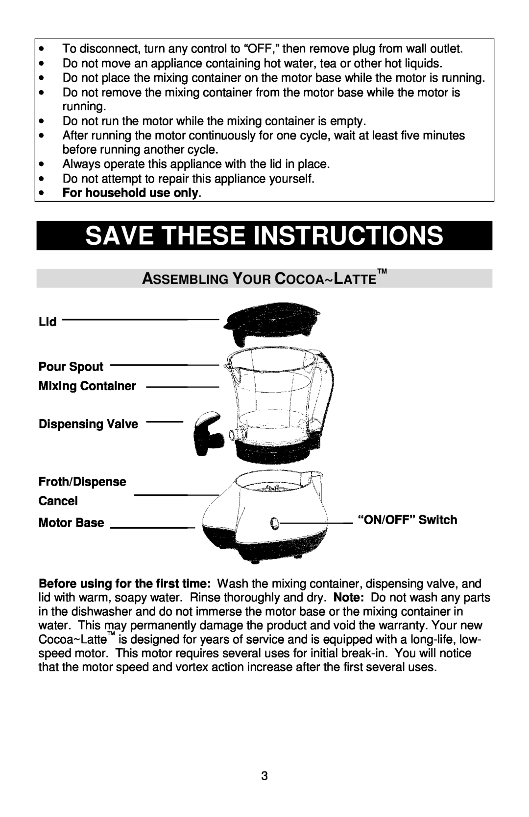 West Bend Back to Basics Save These Instructions, Assembling Your Cocoa~Latte, •For household use only, Pour Spout 
