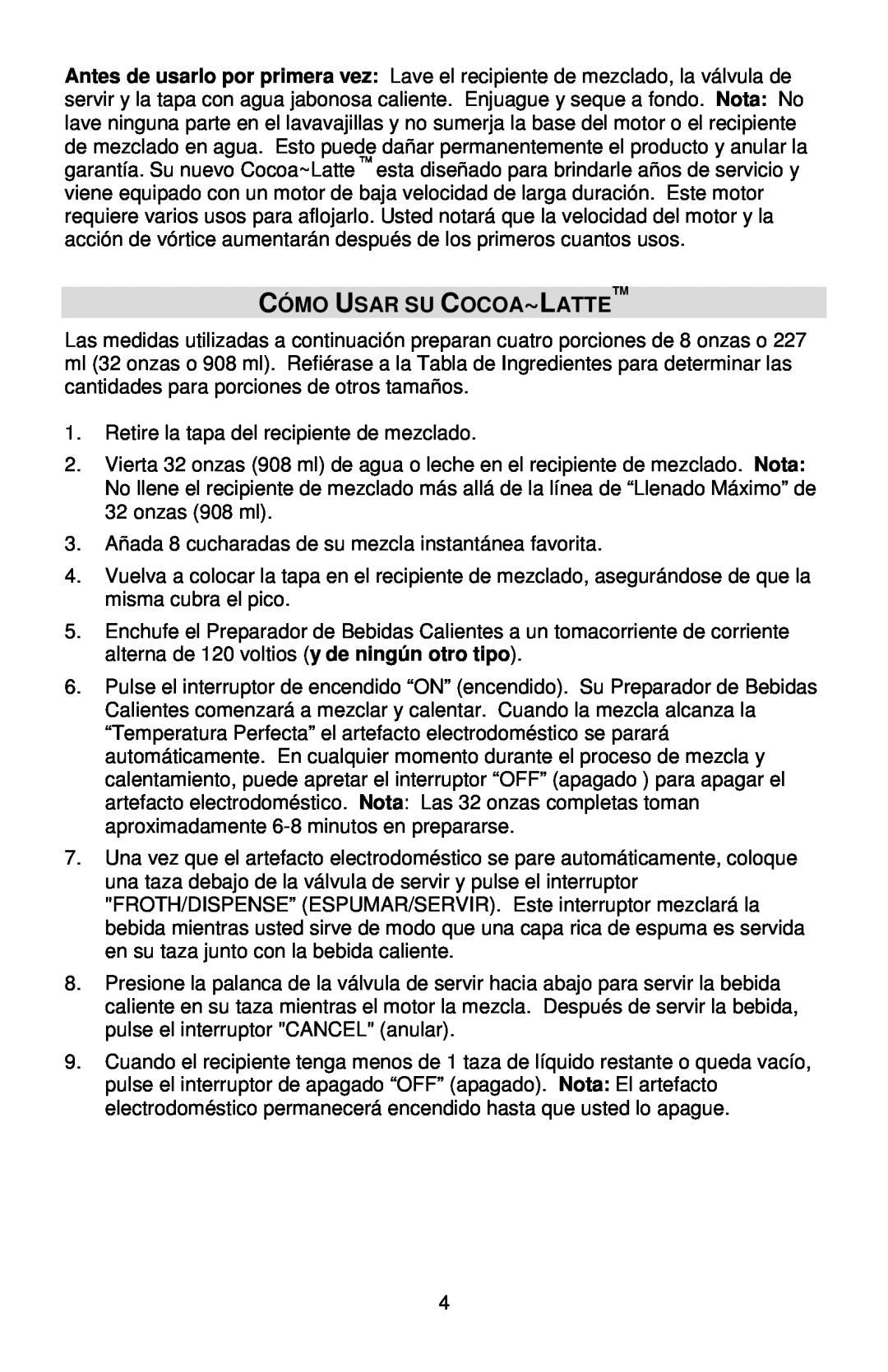 West Bend Back to Basics instruction manual Cómo Usar Su Cocoa~Latte 