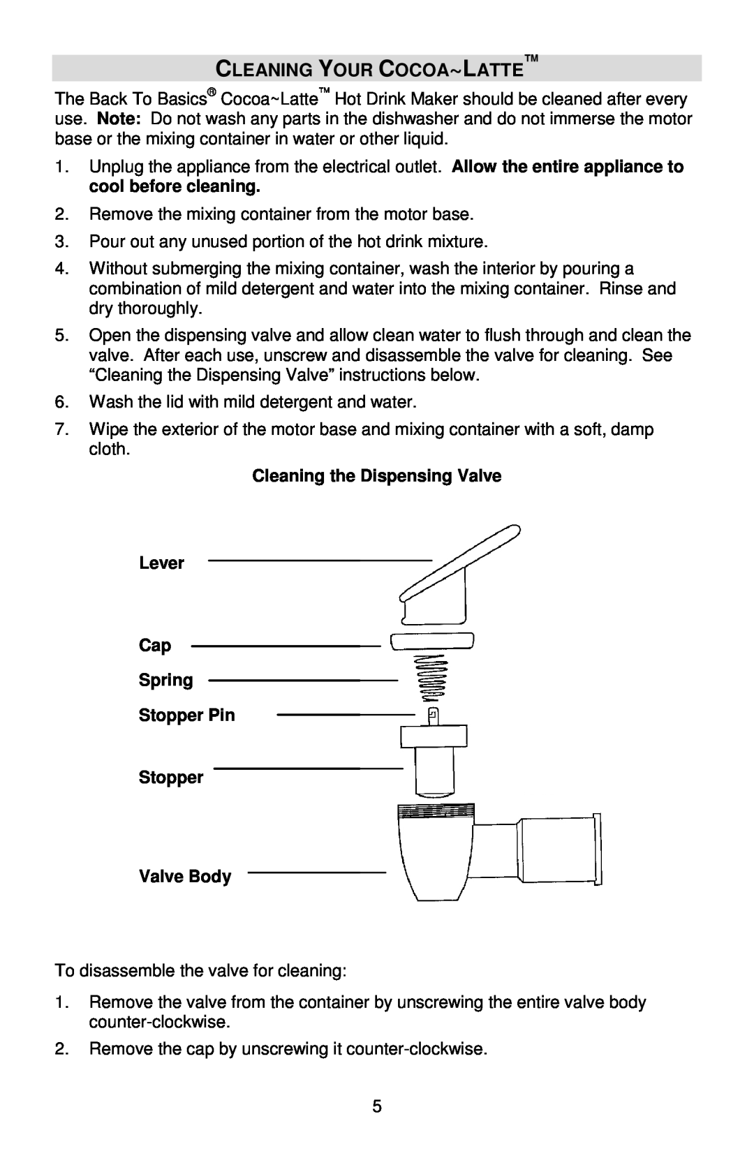 West Bend Back to Basics instruction manual Cleaning Your Cocoa~Latte, Cleaning the Dispensing Valve Lever Cap Spring 