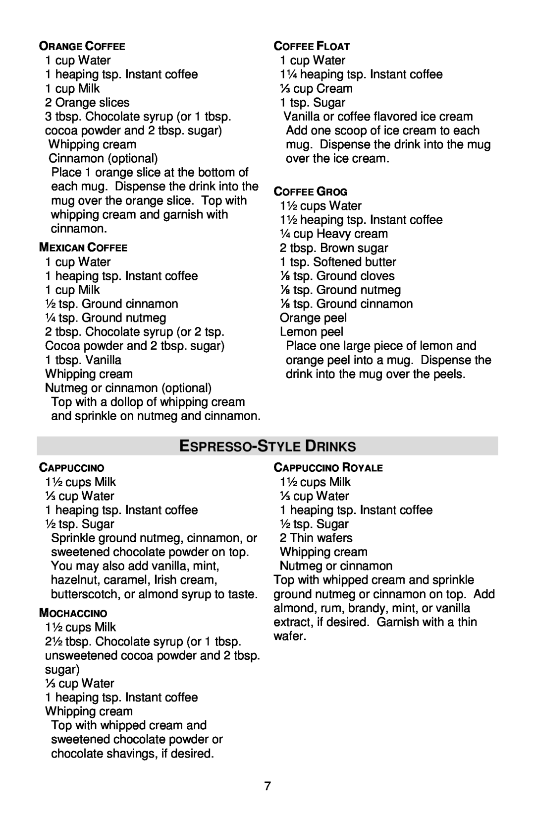West Bend Back to Basics Cocoa~Latte instruction manual Espresso-Style Drinks 