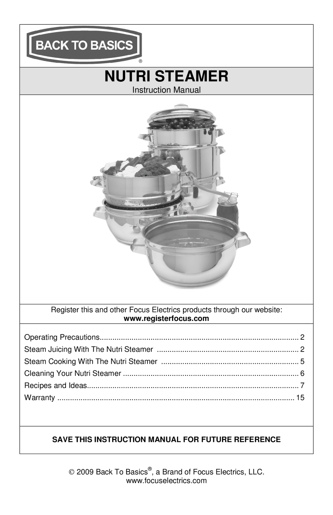 West Bend Back to Basics L5725A 01/09 instruction manual Nutri Steamer 