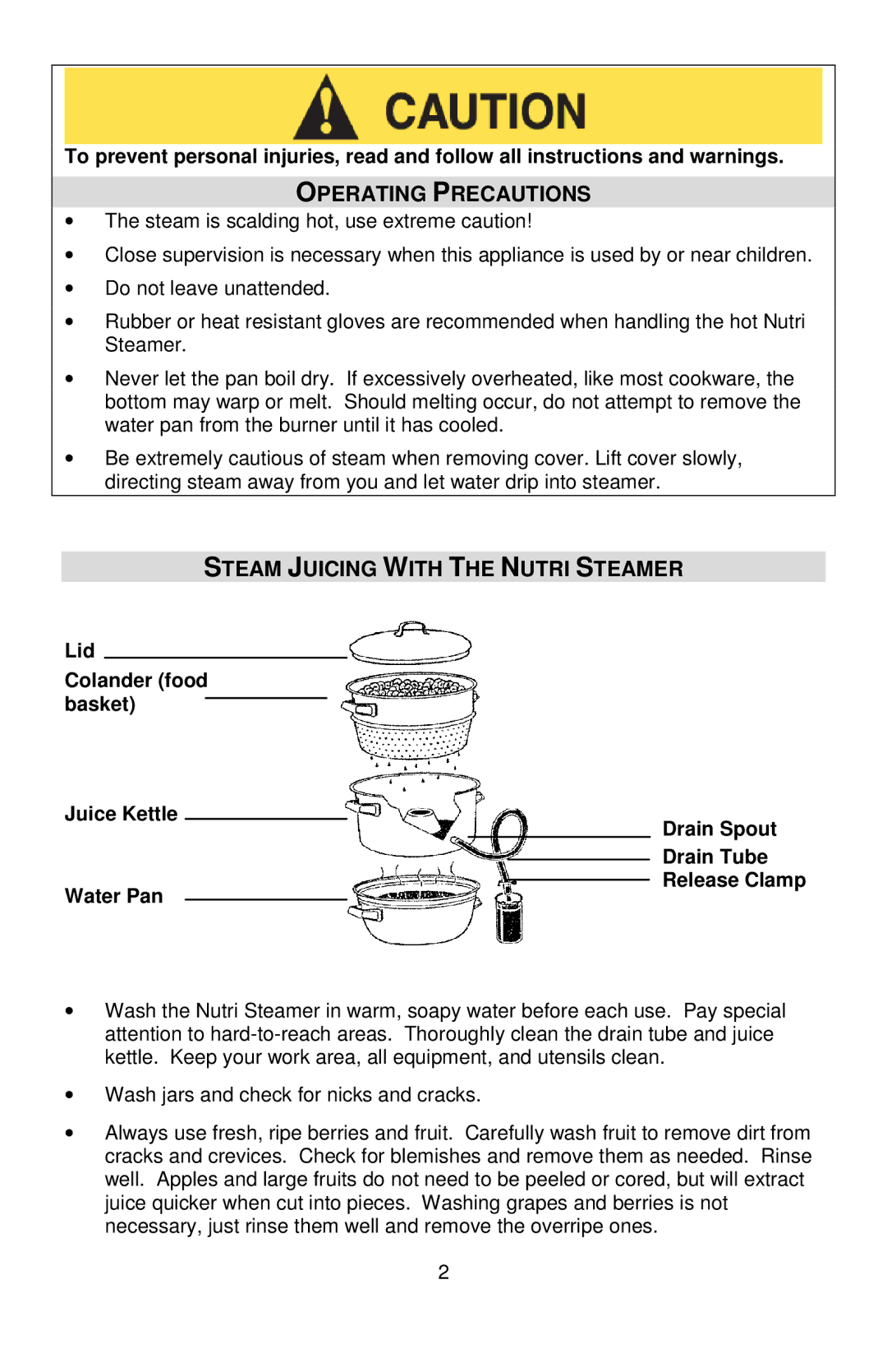 West Bend Back to Basics L5725A 01/09 instruction manual Operating Precautions, Steam Juicing with the Nutri Steamer 