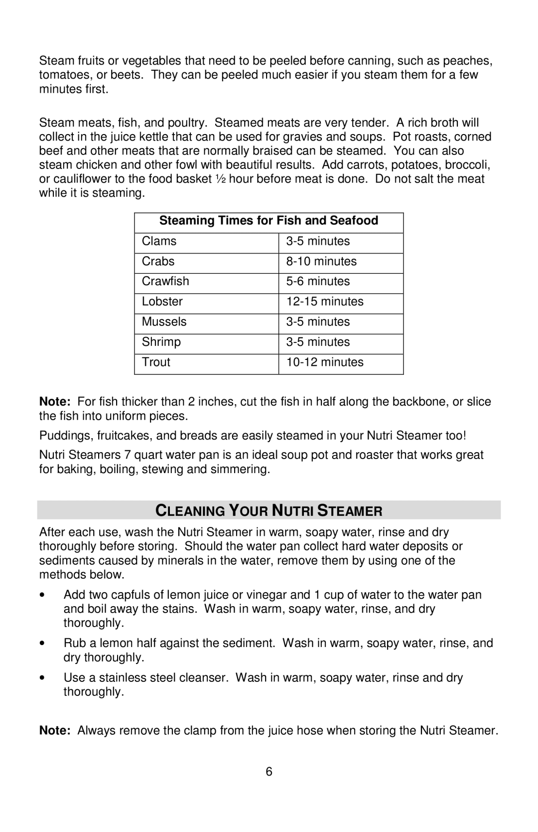 West Bend Back to Basics L5725A 01/09 instruction manual Cleaning Your Nutri Steamer, Steaming Times for Fish and Seafood 