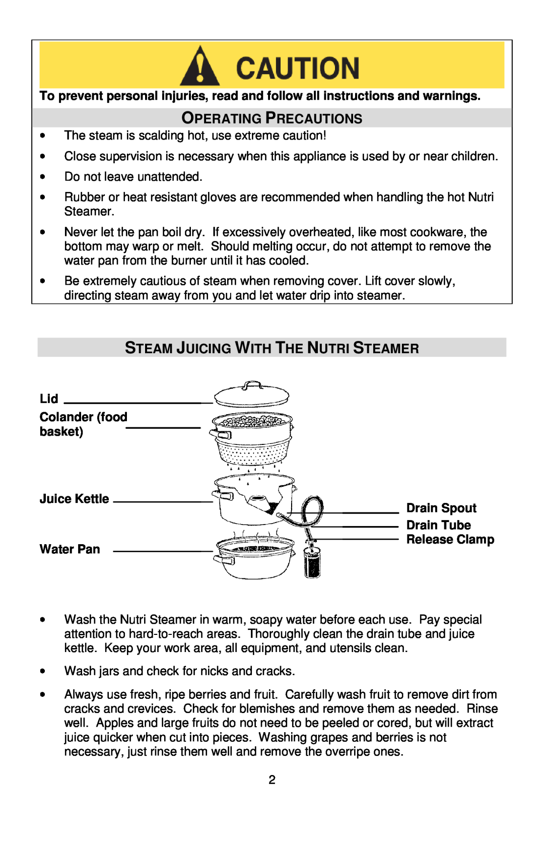 West Bend Back to Basics L5725A 01/09 Operating Precautions, Steam Juicing With The Nutri Steamer, Water Pan 