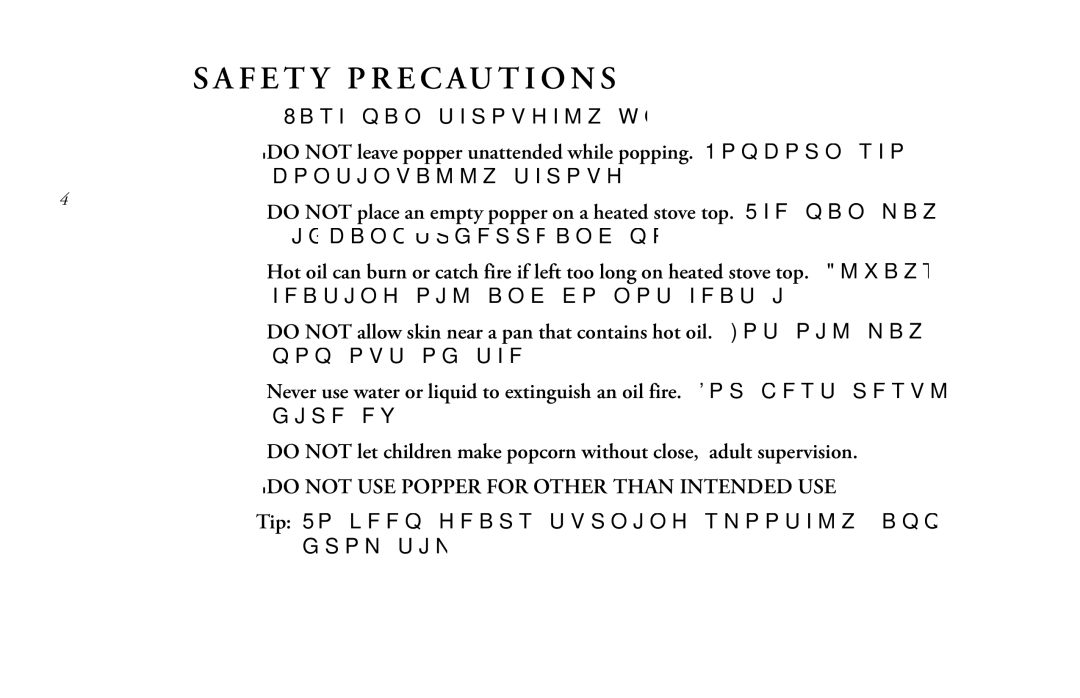 West Bend Back to Basics PC17553 manual F E T Y P R E C Au T I O N S, · do not USE Popper for Other than Intended USE 