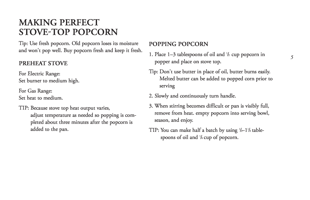 West Bend Back to Basics PC17553 manual Making Perfect Stove-Top Popcorn, Preheat Stove, Popping Popcorn 