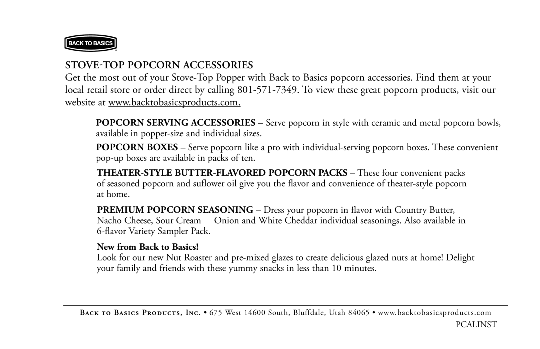 West Bend Back to Basics PCALINST manual STOVE-TOP Popcorn Accessories, New from Back to Basics 