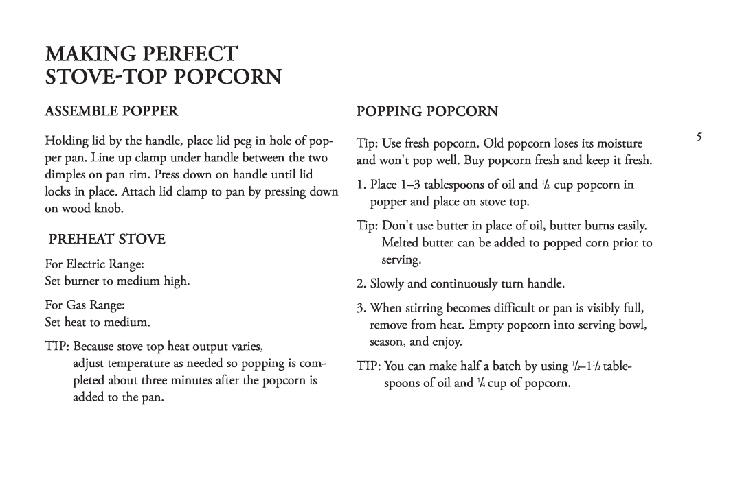 West Bend Back to Basics PCALINST manual Making Perfect Stove-Top Popcorn, Assemble Popper, Preheat Stove, Popping Popcorn 