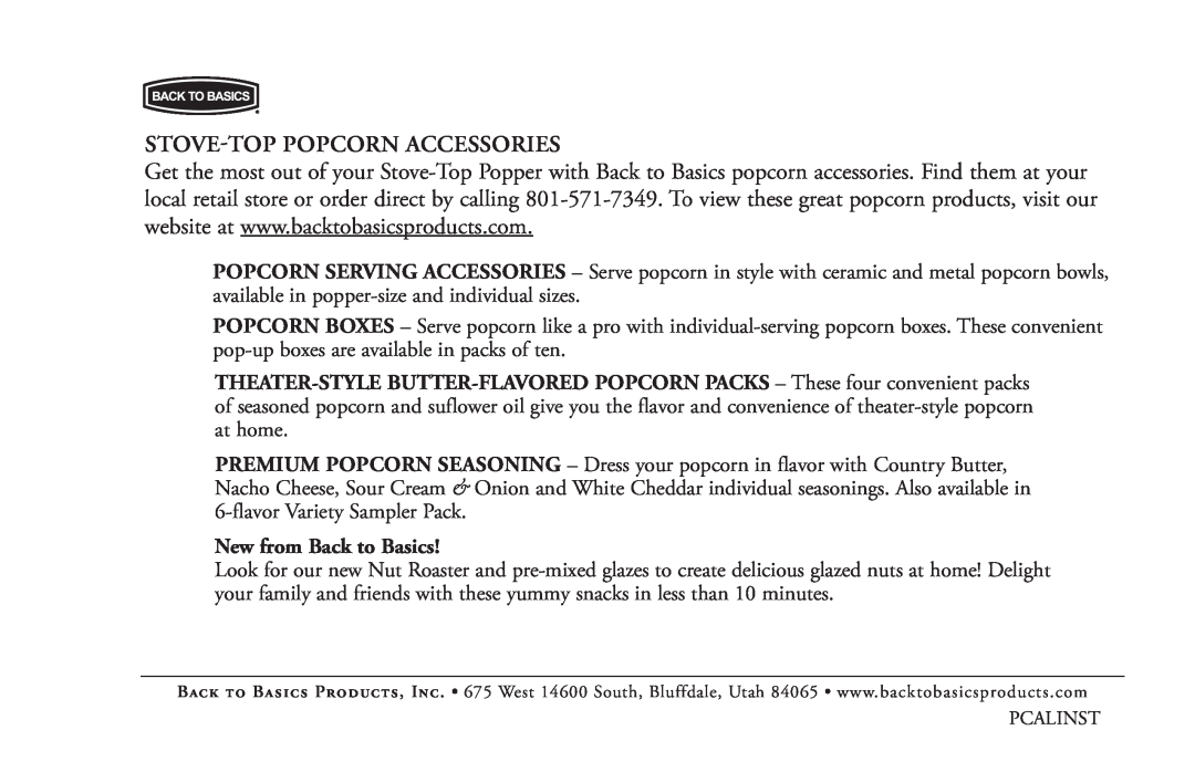West Bend Back to Basics PCALINST manual Stove-Top Popcorn Accessories, New from Back to Basics 