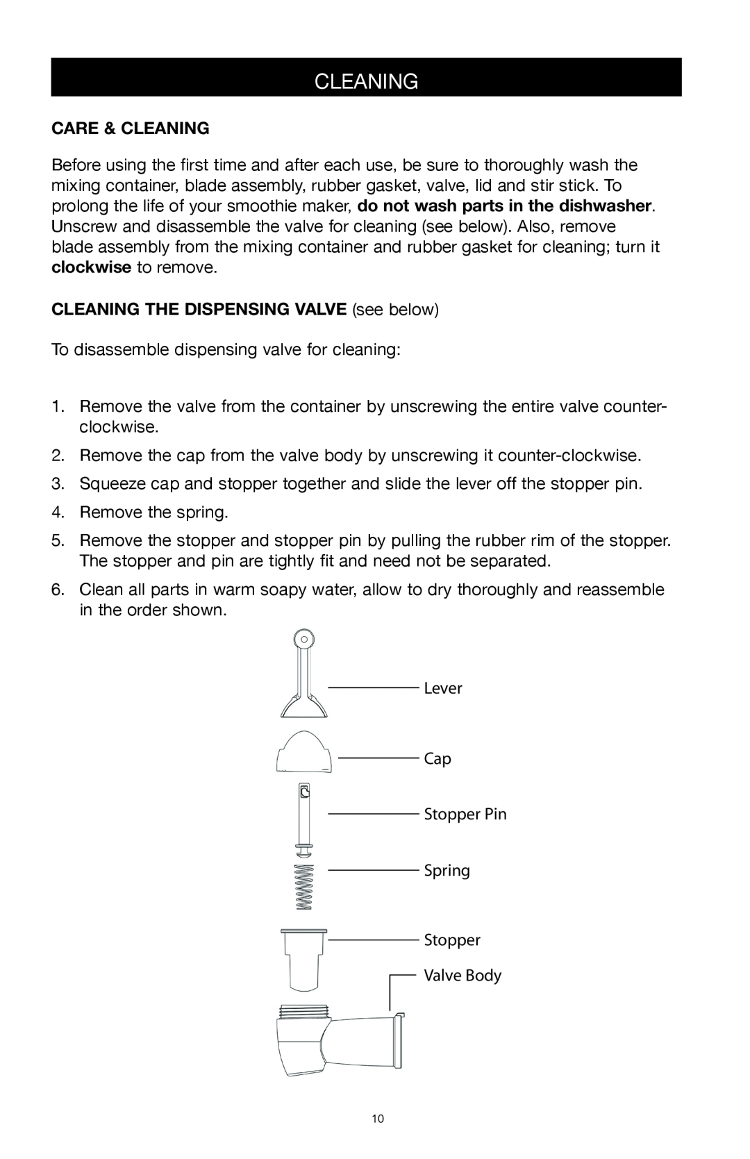 West Bend Back to Basics SCL5 manual Care & Cleaning, CLEANING THE DISPENSING VALVE see below 