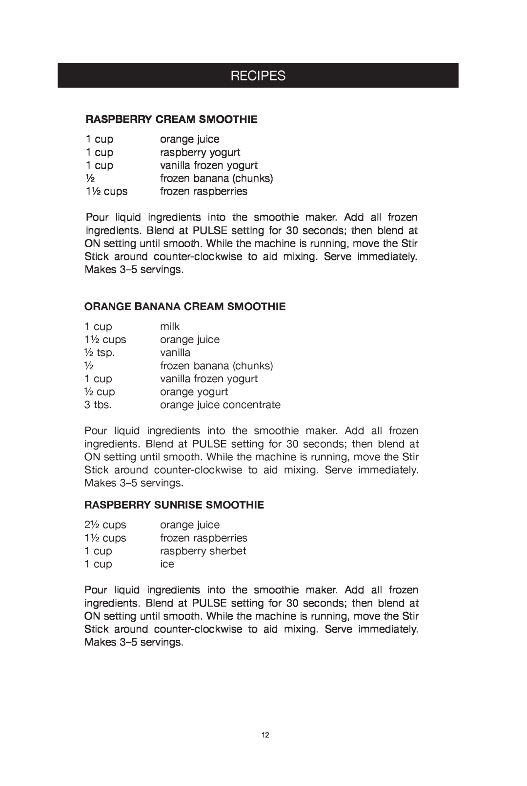 West Bend Back to Basics Smoothie Professional manual Recipes, Raspberry Cream Smoothie, Orange Banana Cream Smoothie 