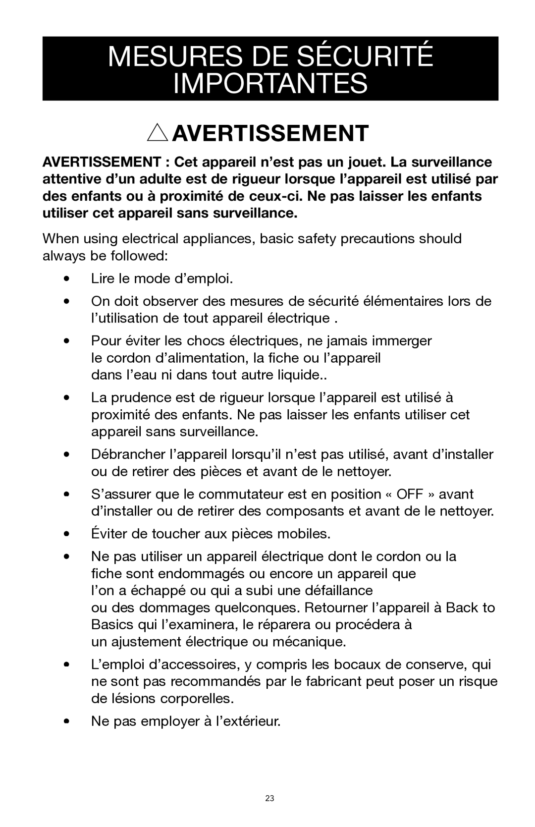 West Bend Back to Basics SR1000 manual Mesures DE Sécurité Importantes 