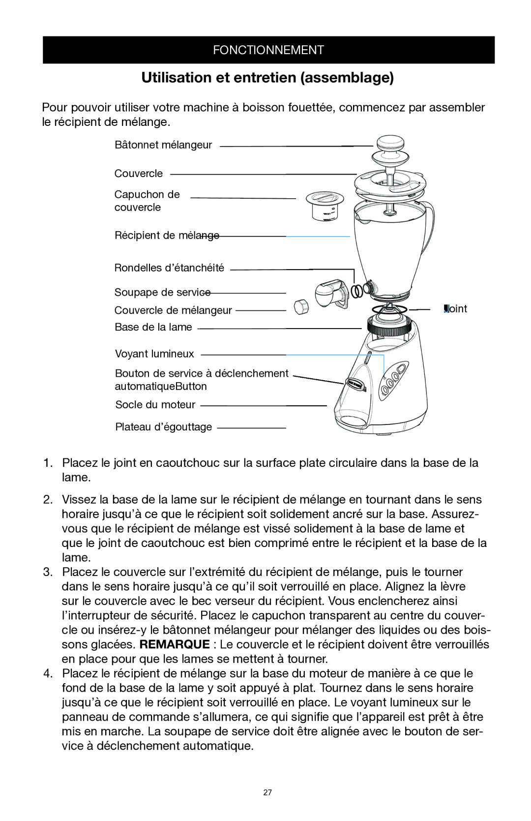 West Bend Back to Basics SR1000 manual Utilisation et entretien assemblage 