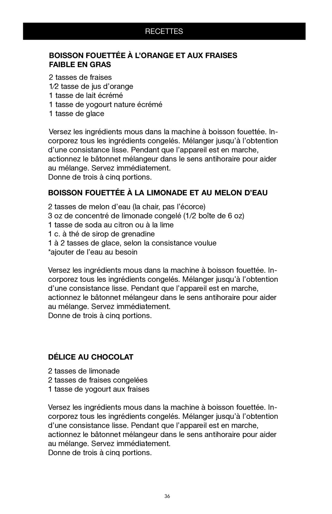 West Bend Back to Basics SR1000 manual Boisson Fouettée À L’ORANGE ET AUX Fraises Faible EN Gras, Délice AU Chocolat 