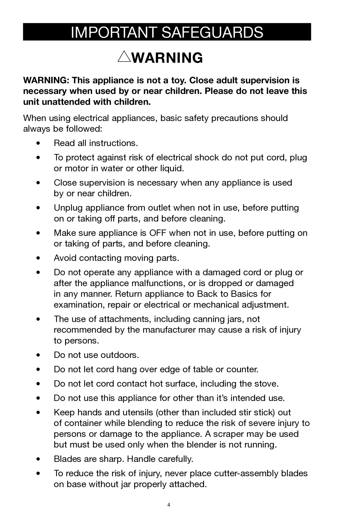 West Bend Back to Basics SR1000 manual Important Safeguards 