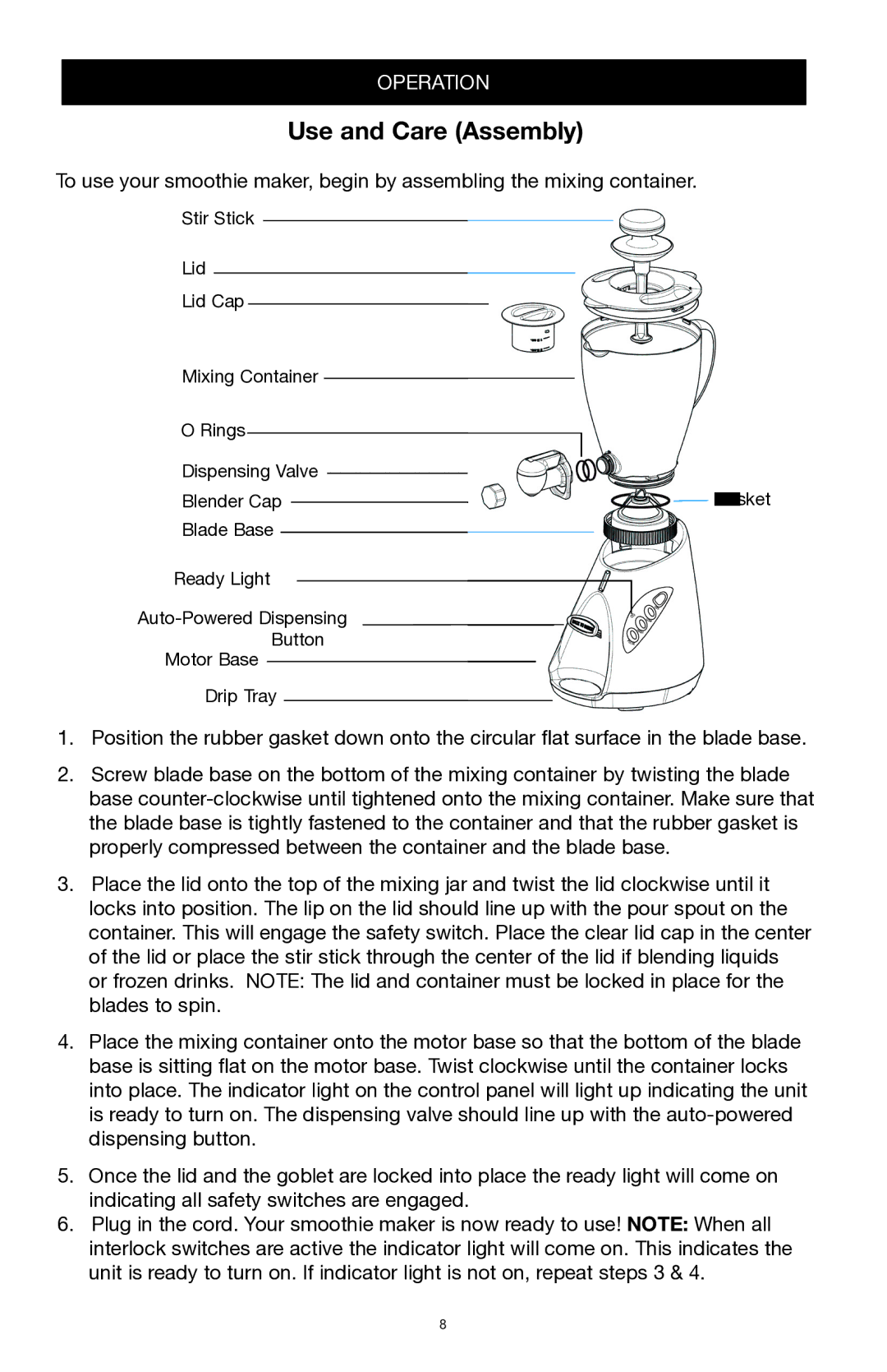 West Bend Back to Basics SR1000 manual Use and Care Assembly 