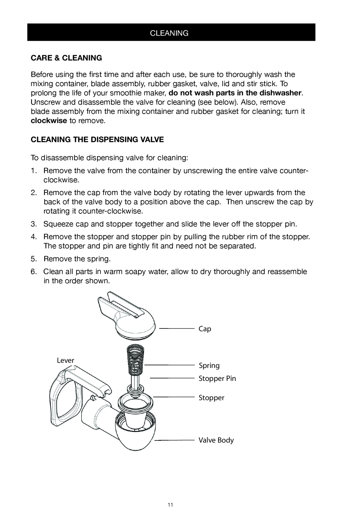 West Bend Back to Basics SR1000 manual Care & Cleaning, Cleaning The Dispensing Valve 