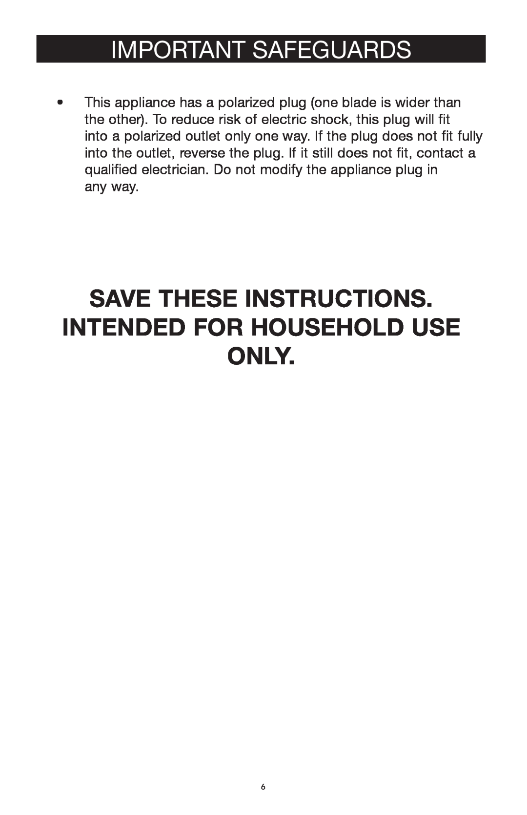 West Bend Back to Basics SR1000 manual Important Safeguards, Save These Instructions. Intended For Household Use Only 