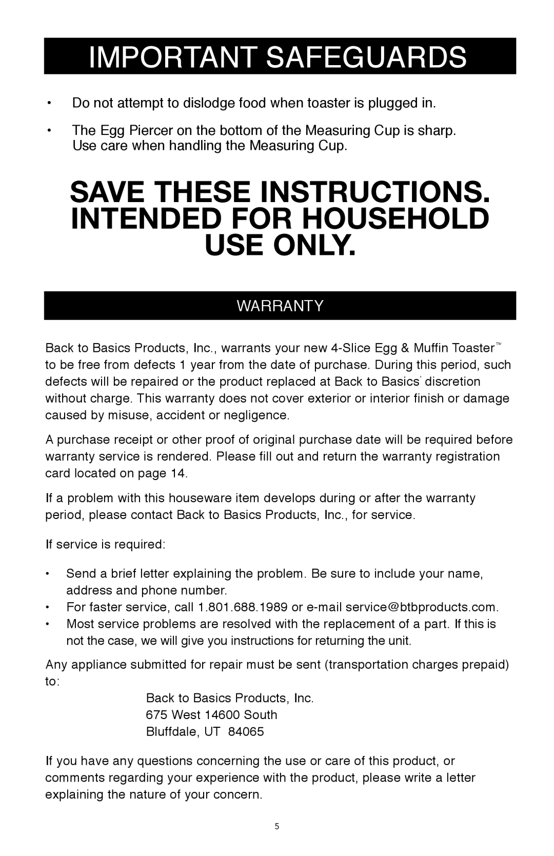 West Bend Back to Basics TEM4500 manual Save These INSTRUCTIONS. Intended for Household USE only, Warranty 