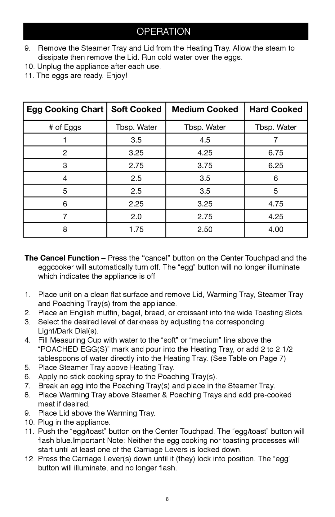 West Bend Back to Basics TEM4500 manual Egg Cooking Chart Soft Cooked Medium Cooked Hard Cooked 