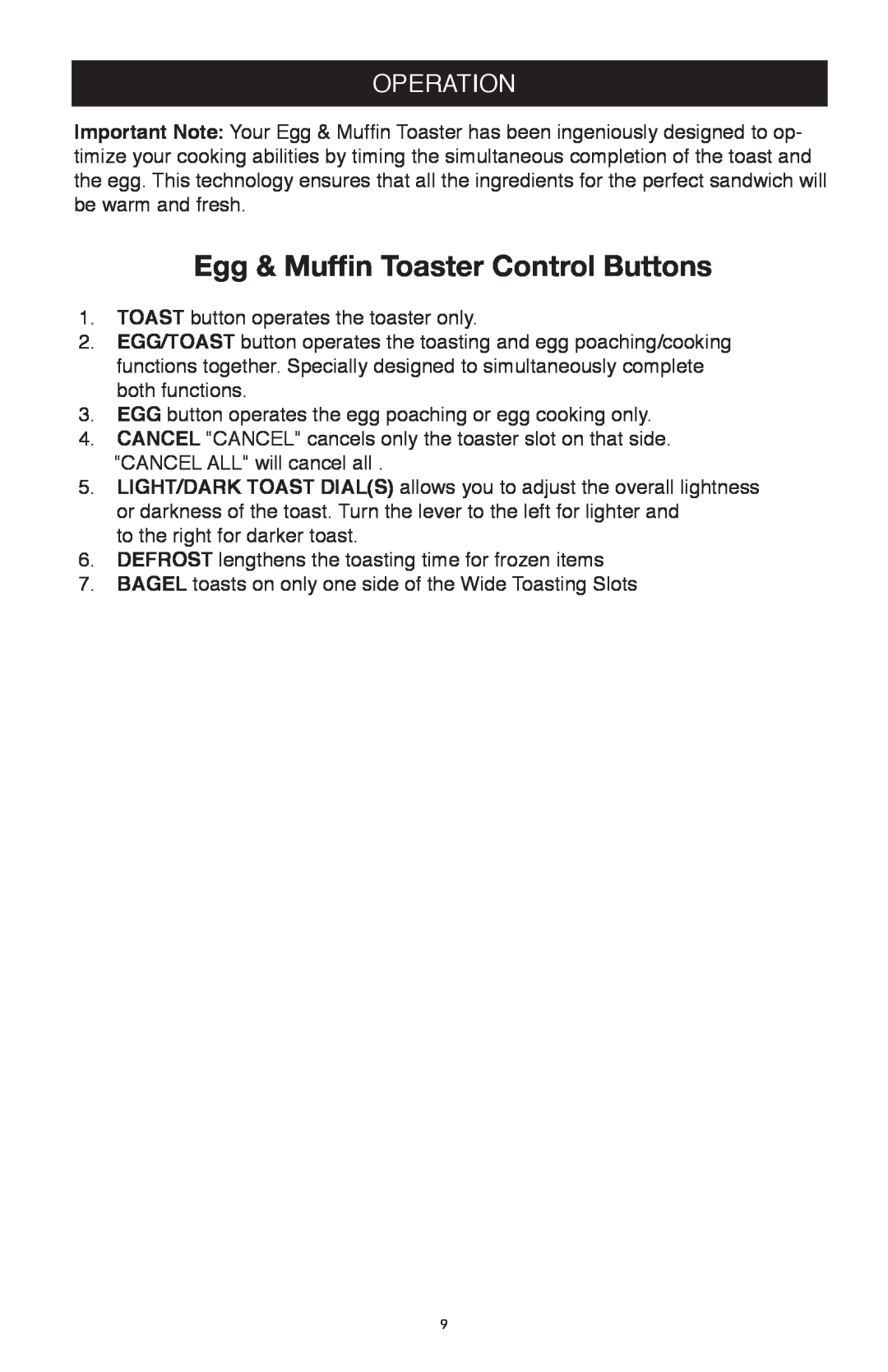 West Bend Back to Basics TEM4500 manual Egg & Mufﬁn Toaster Control Buttons, Operation 