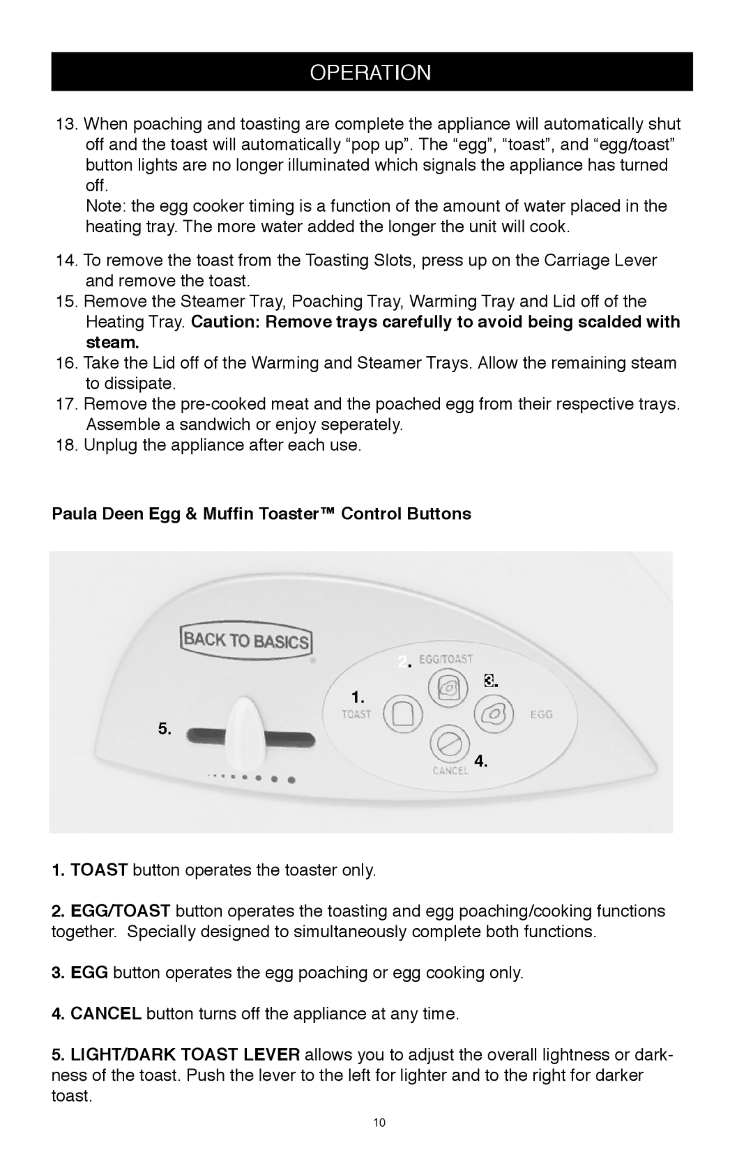 West Bend Back to Basics TEM500PDWH manual Paula Deen Egg & Mufﬁn Toaster Control Buttons 