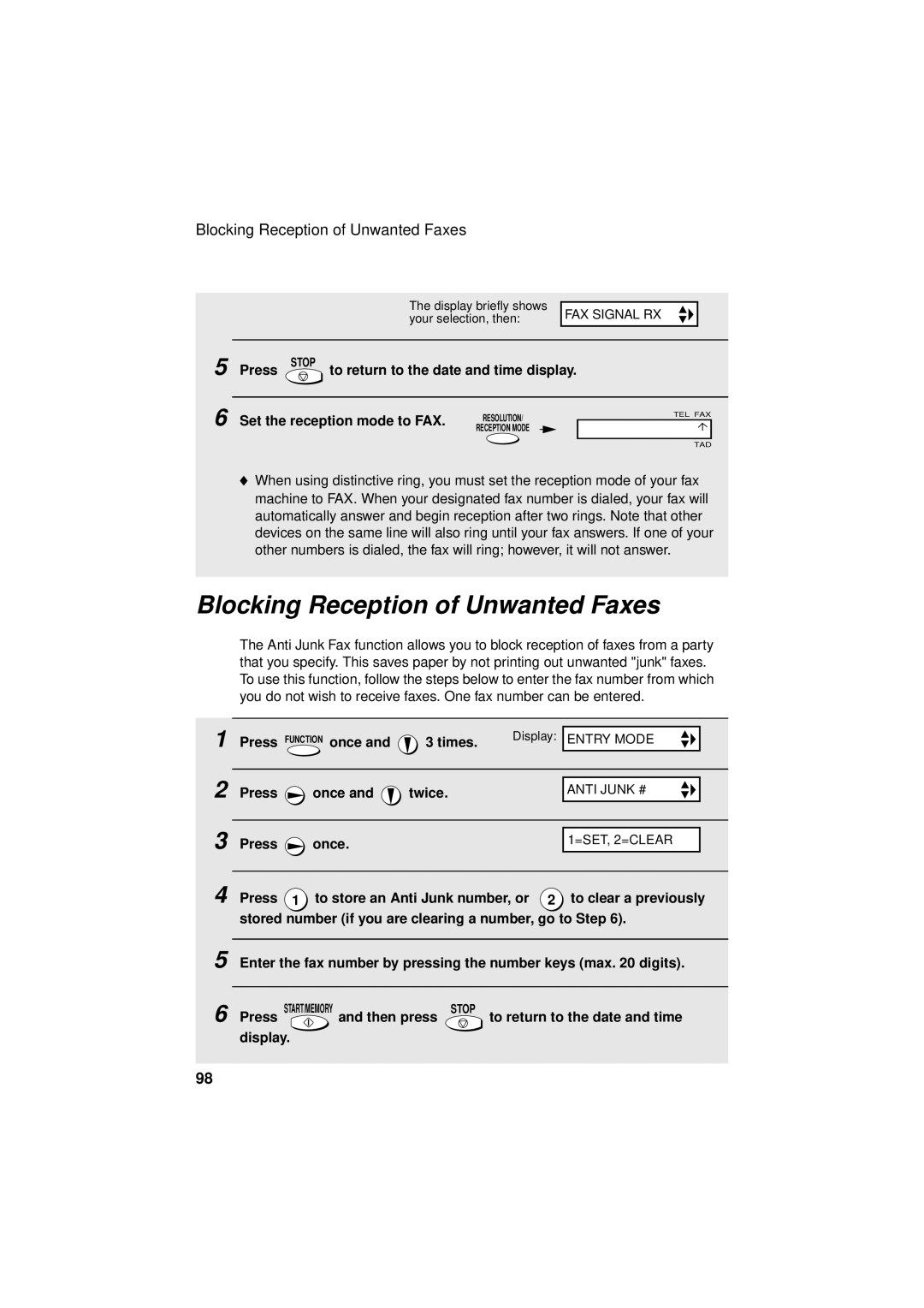 West Bend Back to Basics UX-CC500 manual Blocking Reception of Unwanted Faxes, Set the reception mode to FAX 