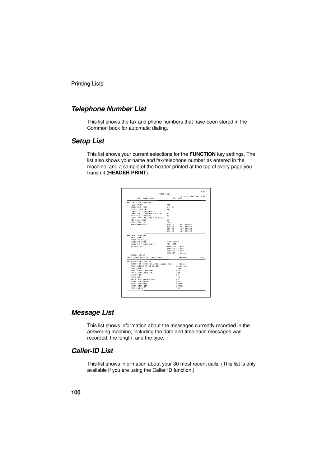 West Bend Back to Basics UX-CC500 manual Telephone Number List, Setup List, Message List, Caller-ID List, 100 