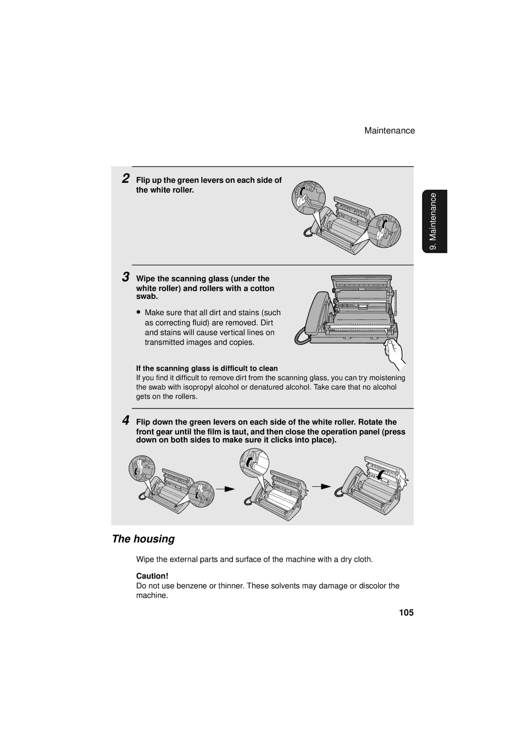 West Bend Back to Basics UX-CC500 manual Housing, 105, Flip up the green levers on each side of the white roller 