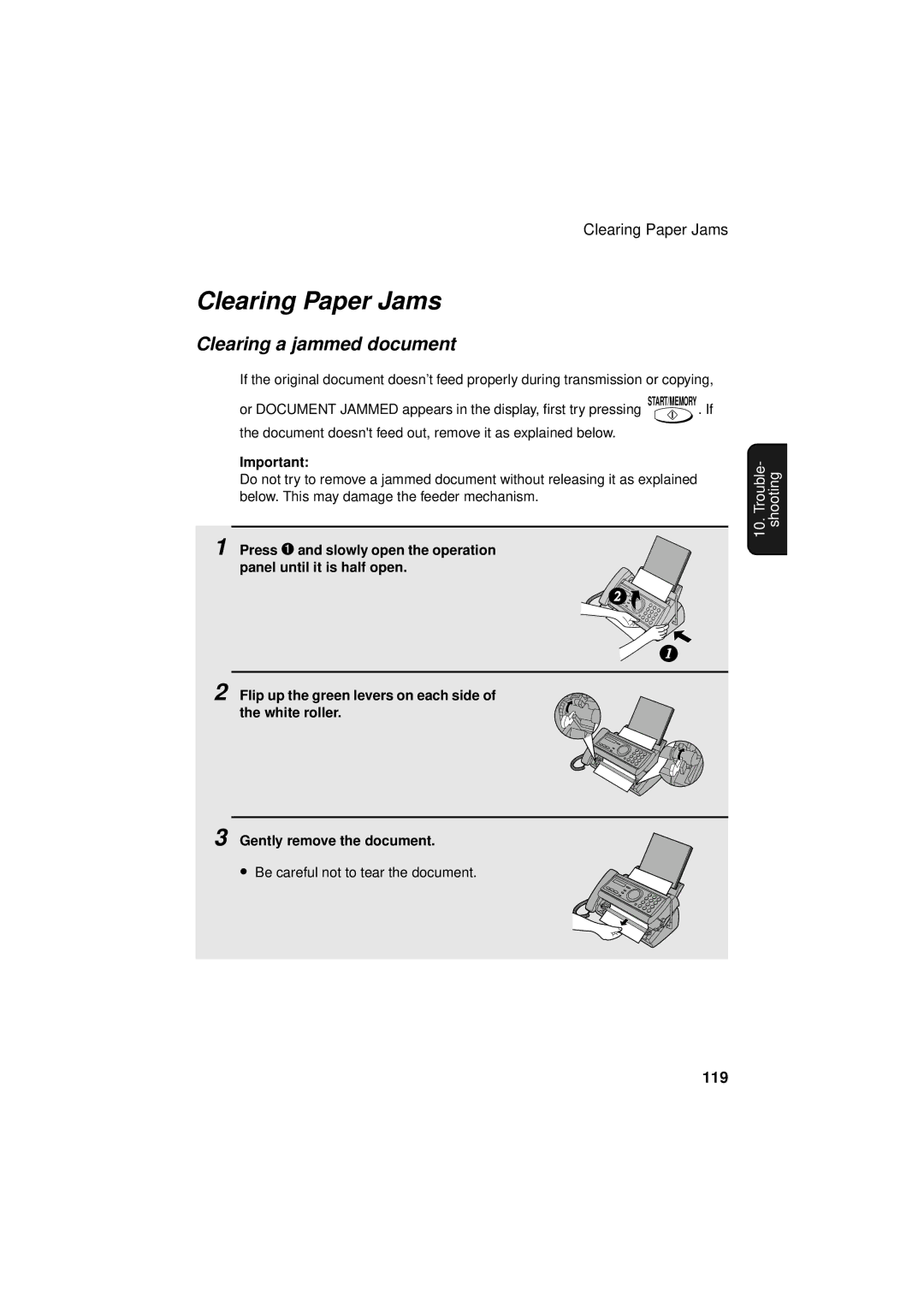 West Bend Back to Basics UX-CC500 manual Clearing Paper Jams, Clearing a jammed document, 119 