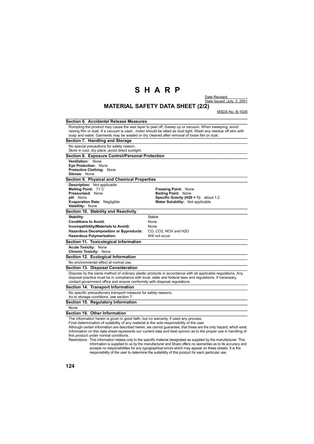 West Bend Back to Basics UX-CC500 manual Material Safety Data Sheet 2/2, 124 