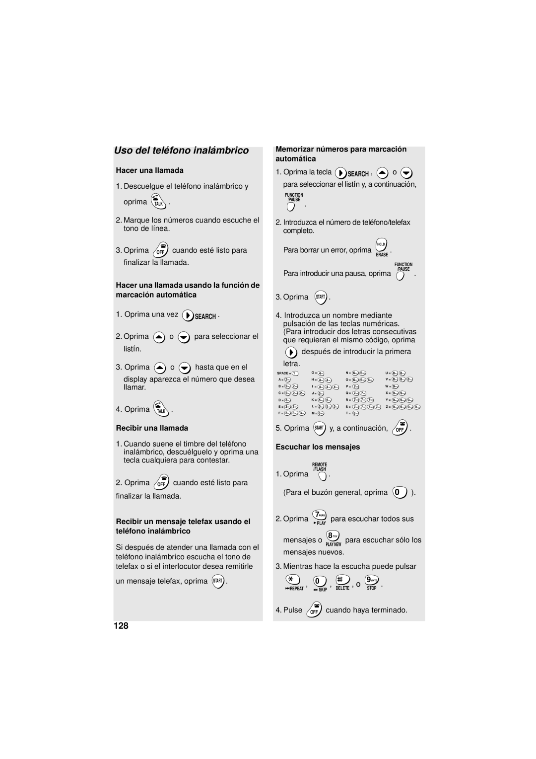 West Bend Back to Basics UX-CC500 manual Uso del telé fono inalá mbrico, 128 