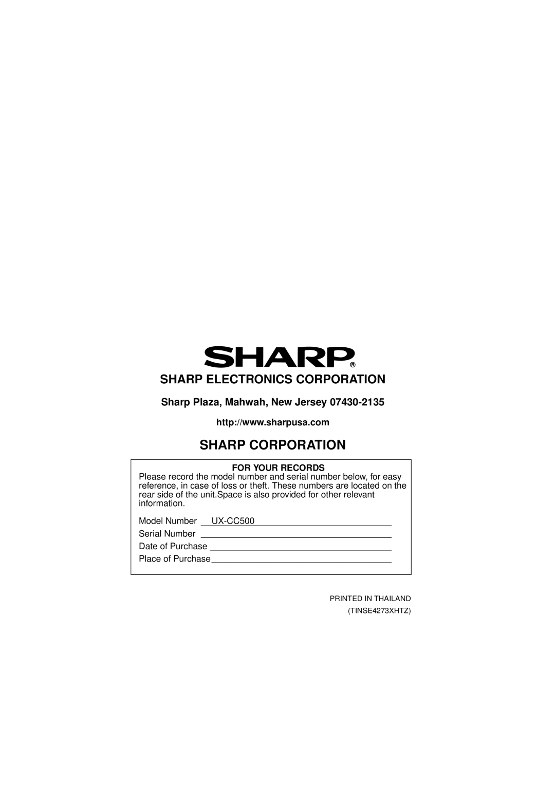 West Bend Back to Basics UX-CC500 manual Sharp Corporation 