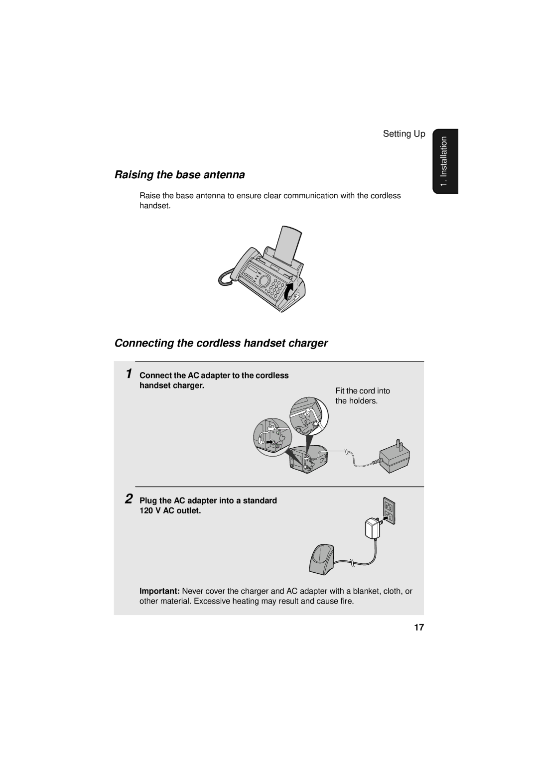 West Bend Back to Basics UX-CC500 manual Raising the base antenna, Connecting the cordless handset charger 