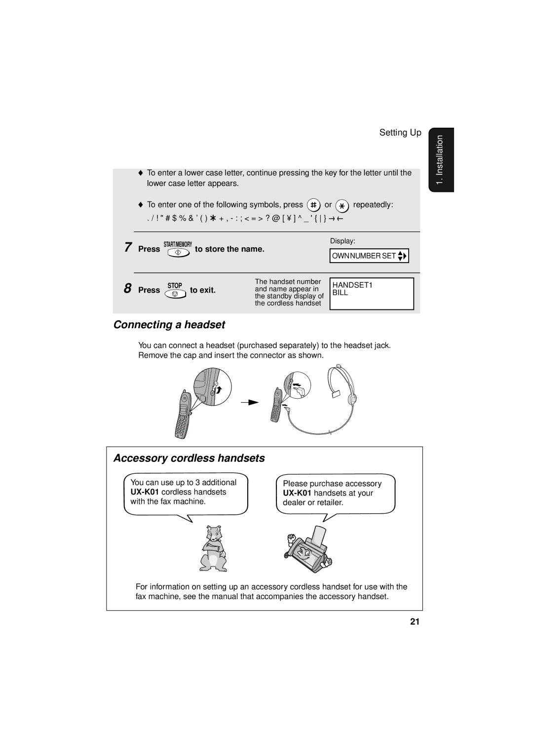 West Bend Back to Basics UX-CC500 Connecting a headset, Accessory cordless handsets, Press START/MEMORY to store the name 