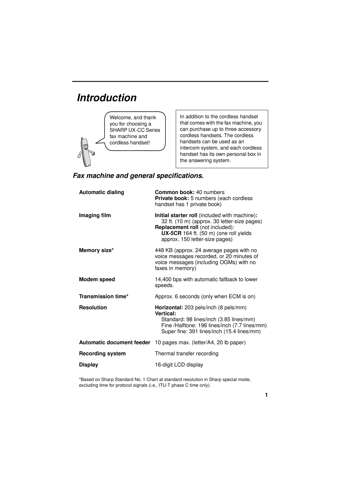 West Bend Back to Basics UX-CC500 manual Introduction, Fax machine and general specifications 