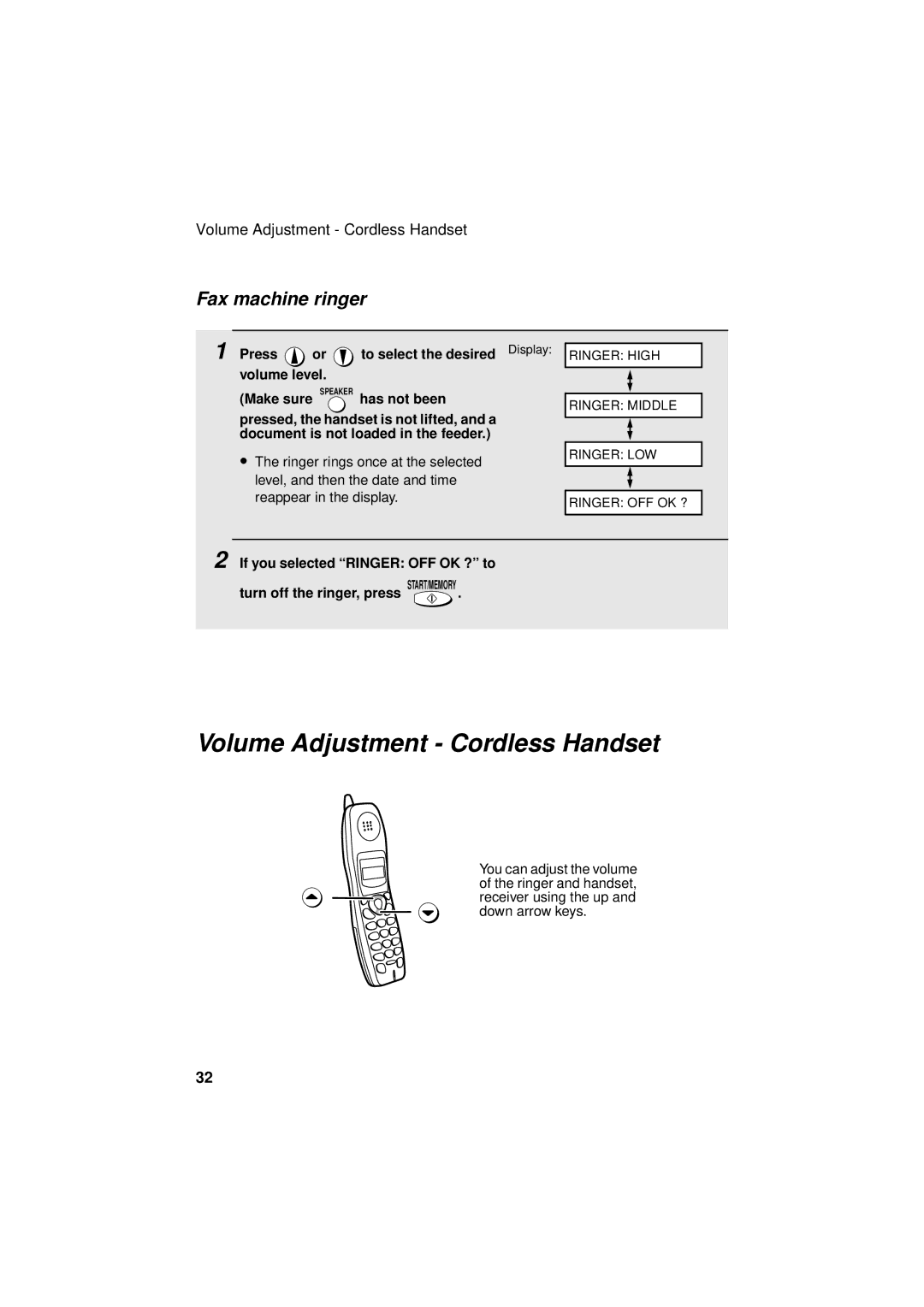 West Bend Back to Basics UX-CC500 manual Volume Adjustment Cordless Handset, Fax machine ringer 