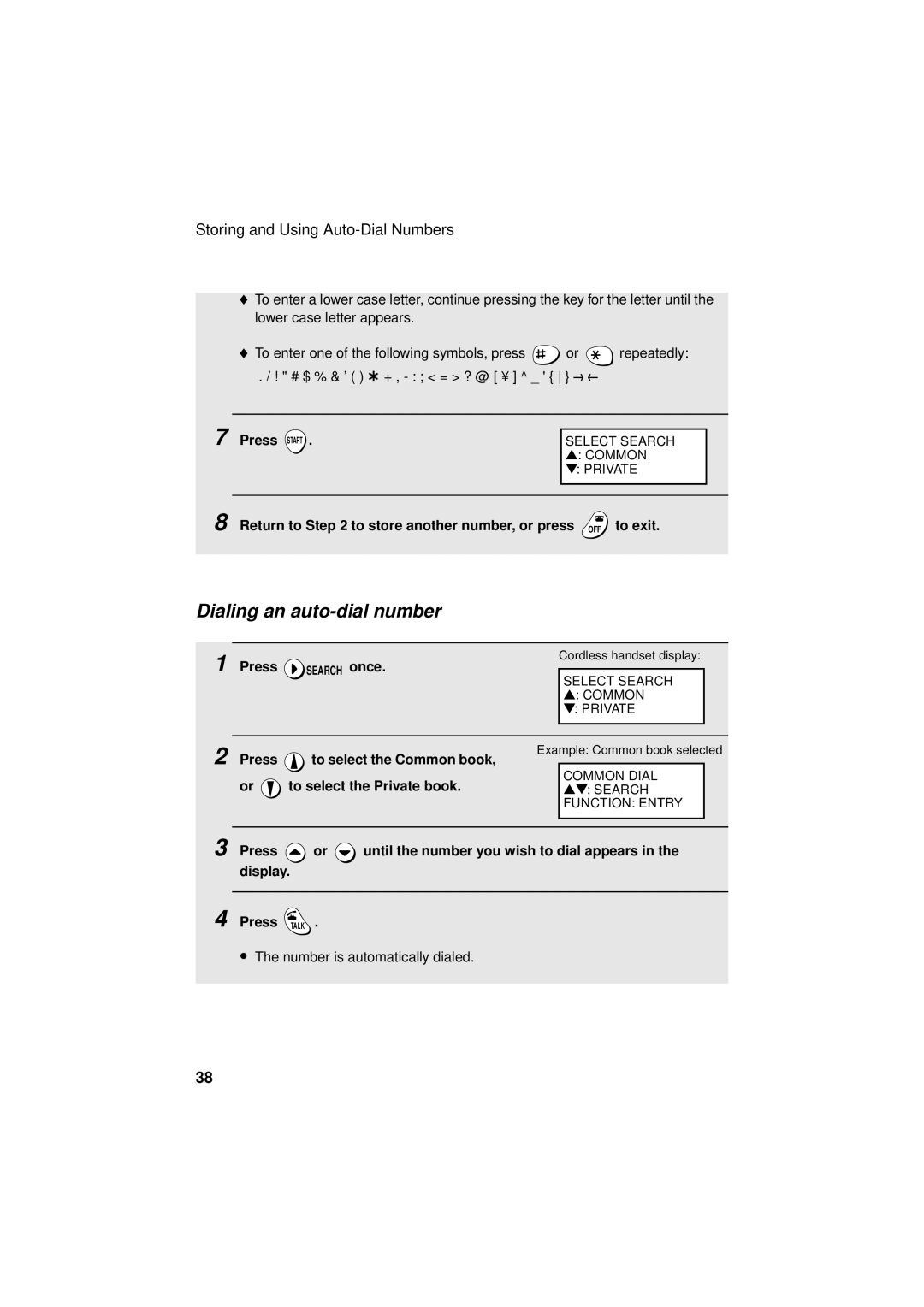 West Bend Back to Basics UX-CC500 manual Dialing an auto-dial number, Press Start, Press Search once 