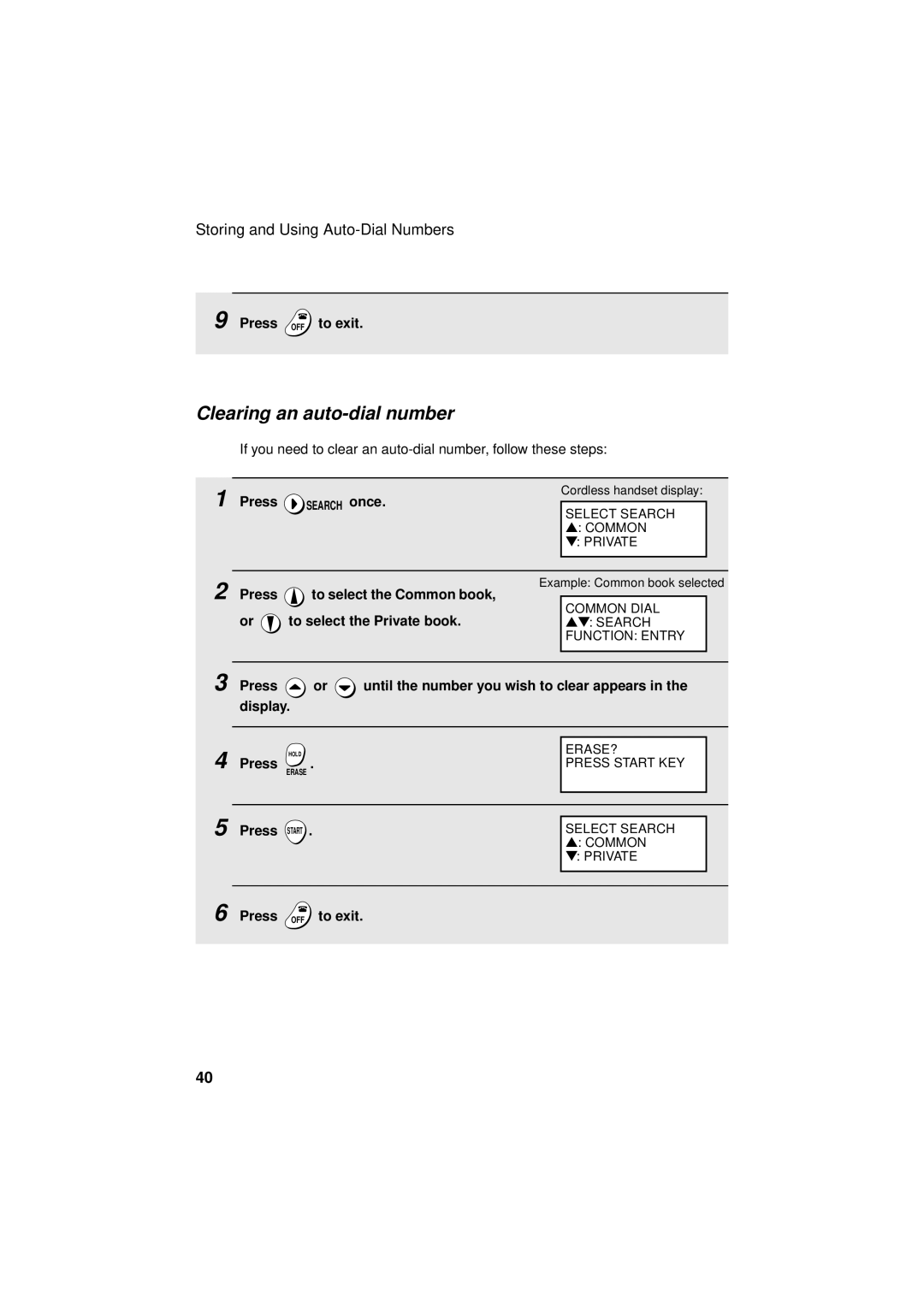 West Bend Back to Basics UX-CC500 manual Clearing an auto-dial number, Press OFF to exit 