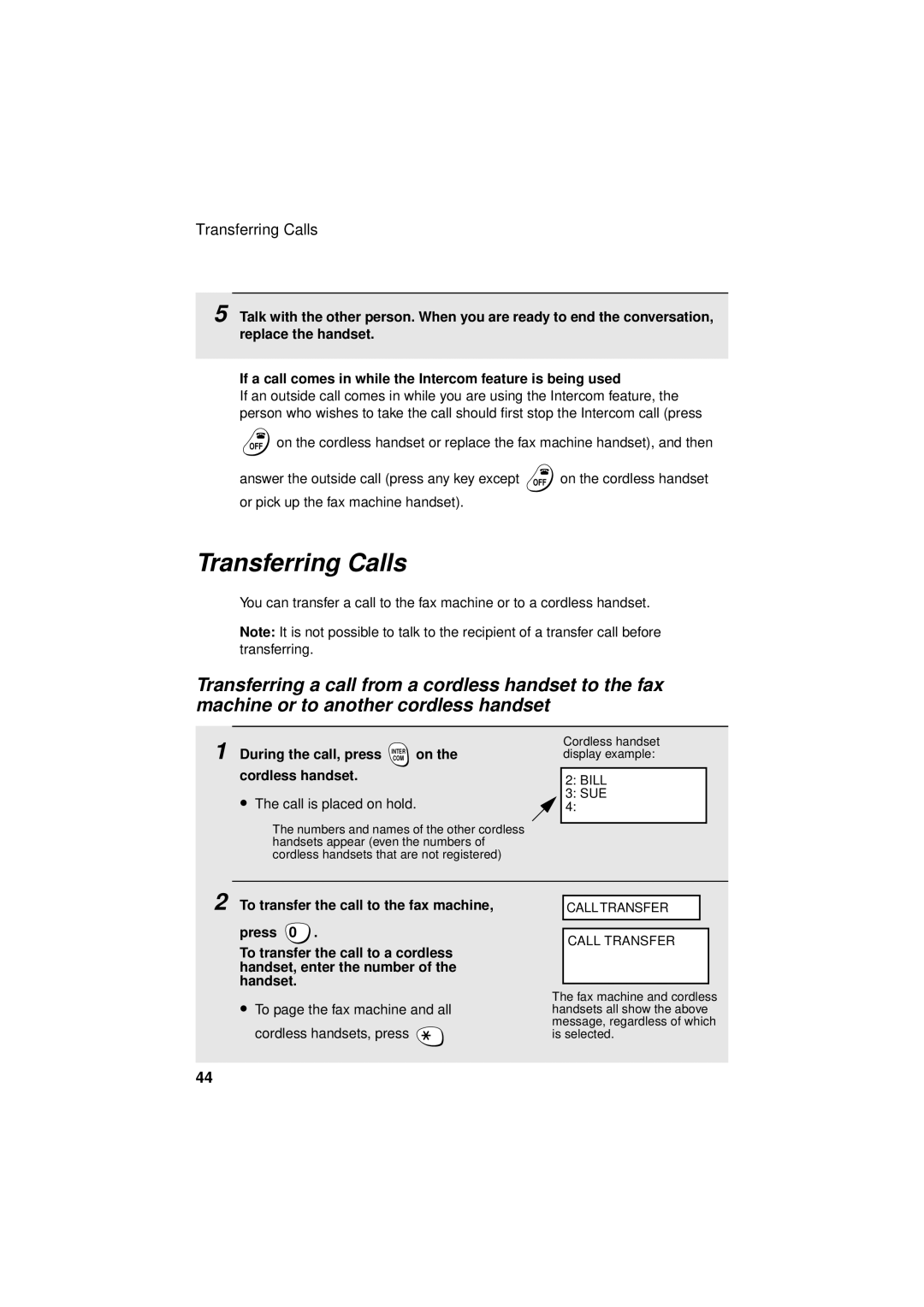 West Bend Back to Basics UX-CC500 manual Transferring Calls, During the call, press Intercom on the cordless handset 