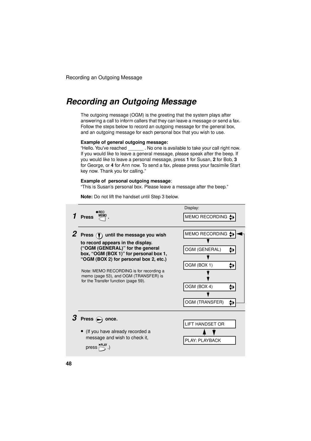 West Bend Back to Basics UX-CC500 manual Recording an Outgoing Message, Example of general outgoing message, Press Memo 