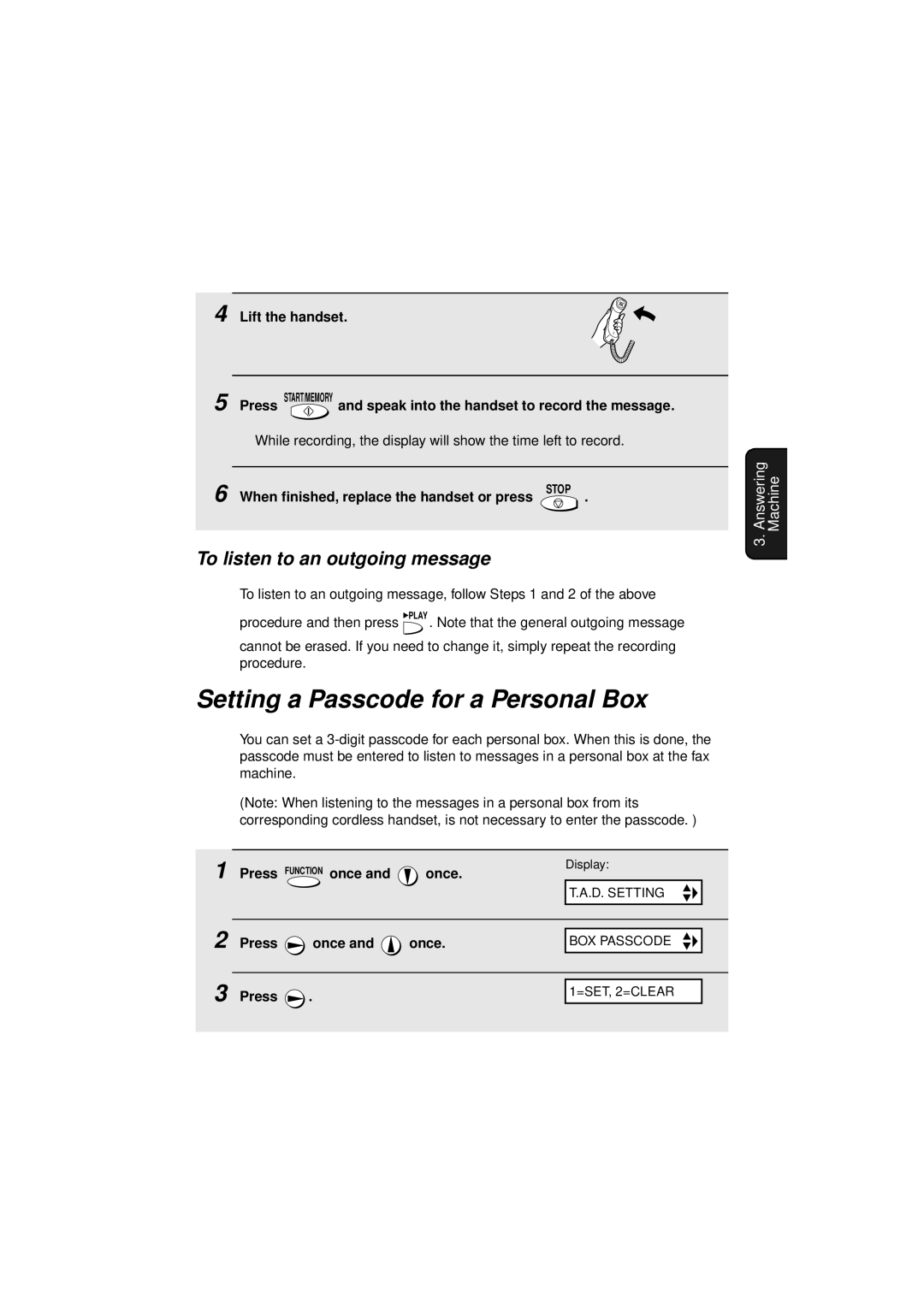 West Bend Back to Basics UX-CC500 manual Setting a Passcode for a Personal Box, To listen to an outgoing message 