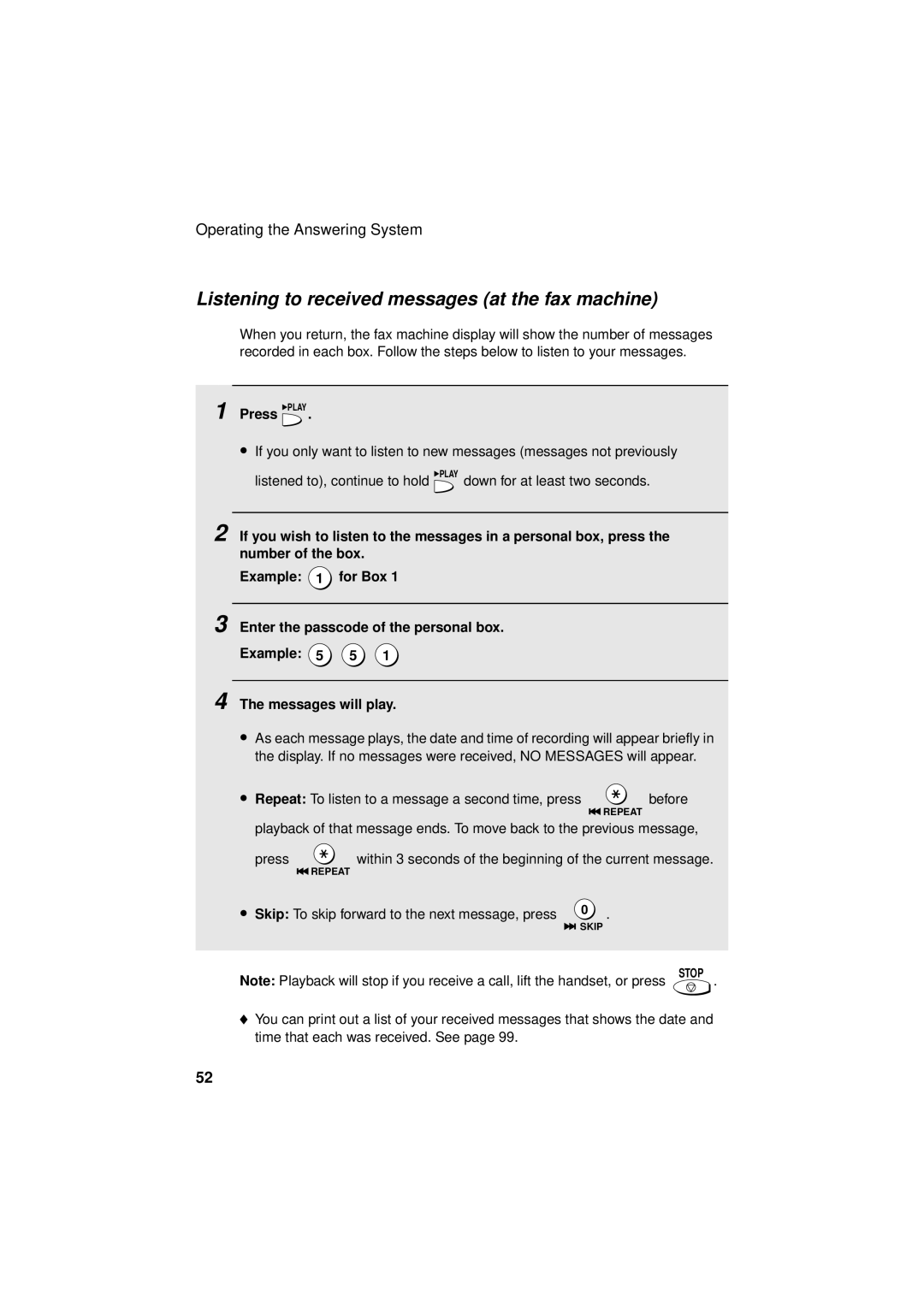 West Bend Back to Basics UX-CC500 manual Listening to received messages at the fax machine, Press Play 