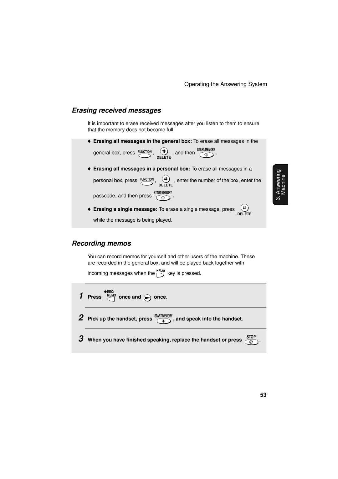 West Bend Back to Basics UX-CC500 manual Erasing received messages, Recording memos 