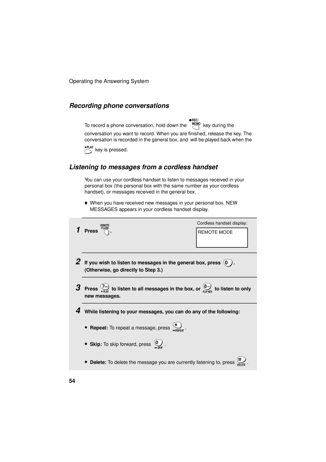 West Bend Back to Basics UX-CC500 manual Recording phone conversations, Listening to messages from a cordless handset 