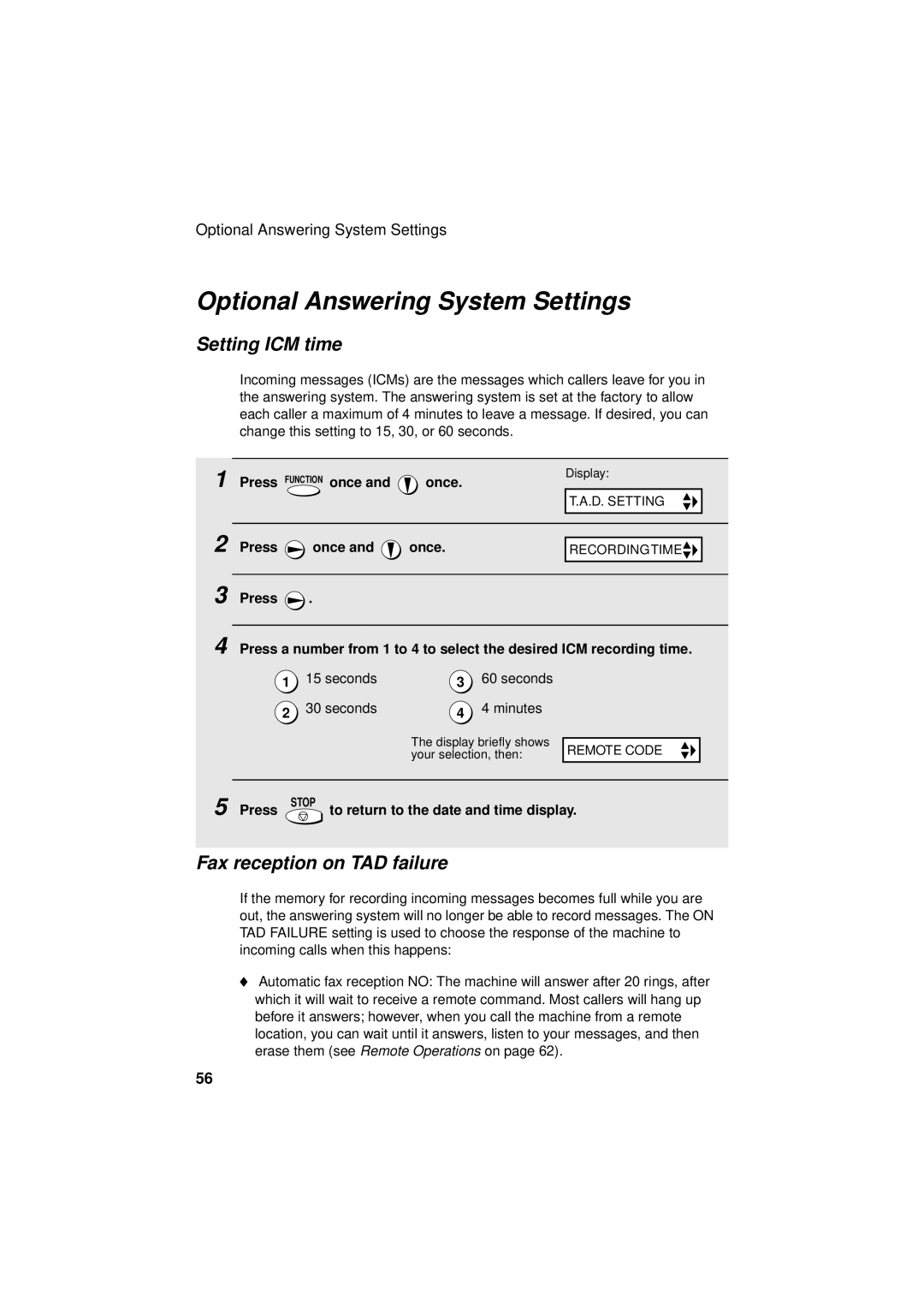 West Bend Back to Basics UX-CC500 manual Optional Answering System Settings, Setting ICM time, Fax reception on TAD failure 